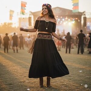 Warehouse Maxi Boho Skirt Women 10 Black Floral‎ Embroidery Sequin A Line Tiered